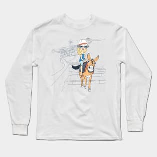 Beautiful girl on a donkey in Oia, Santorini Long Sleeve T-Shirt